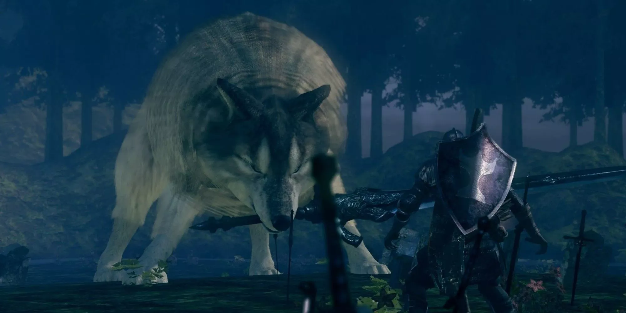 Artoris facing down his giant wolf companion Sif in a dark forest