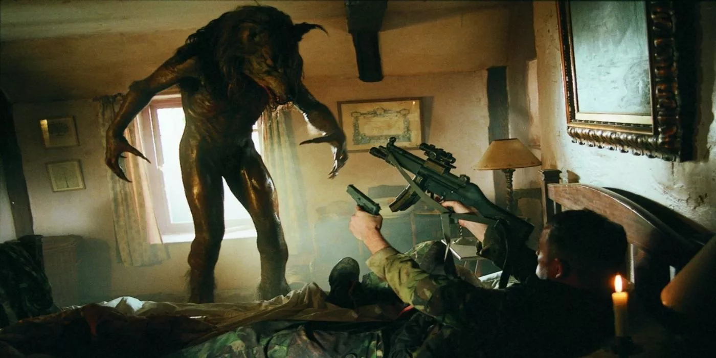 A soldier fighting one of the werewolves in Dog Soldiers movie