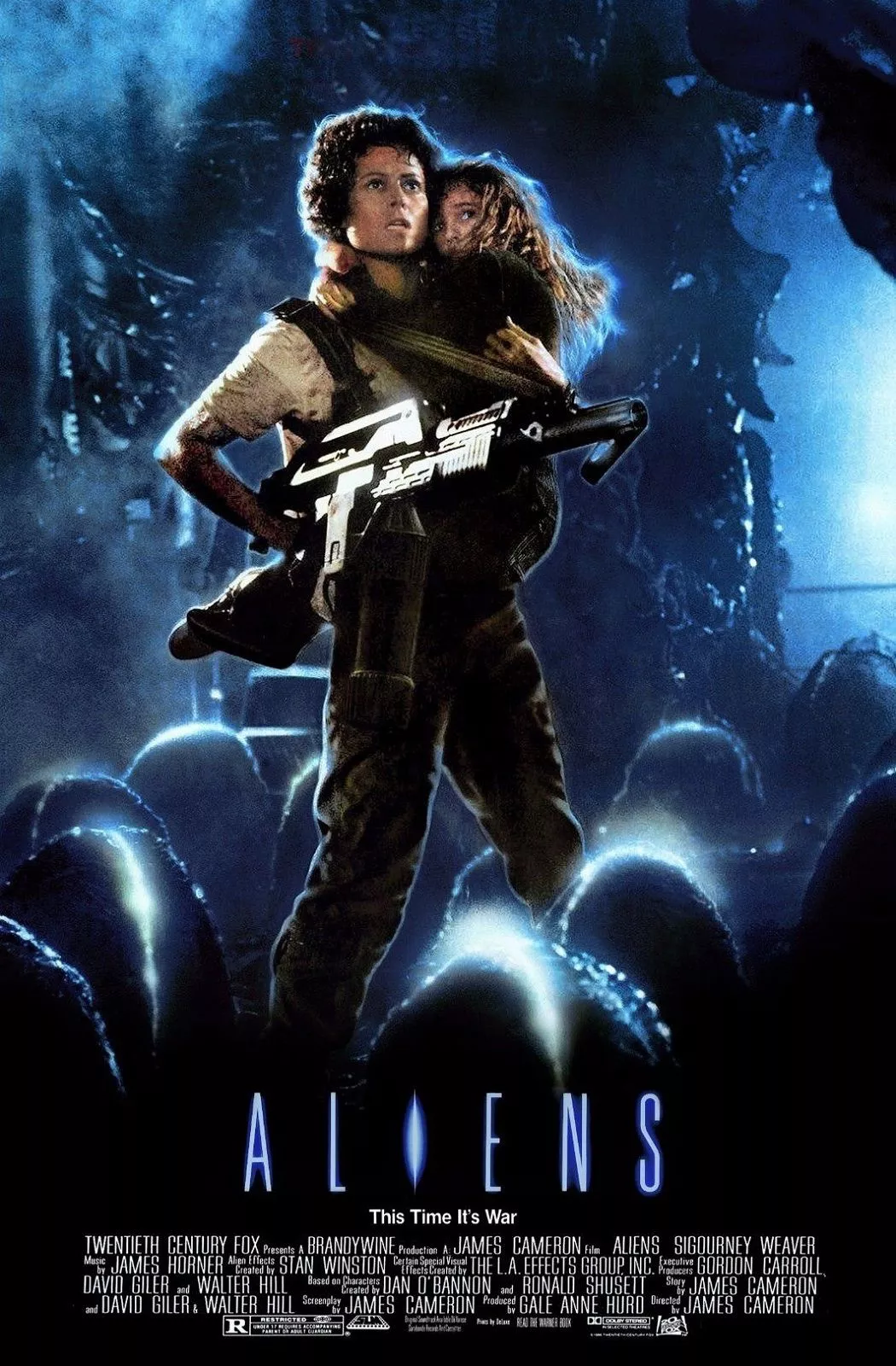 Sigourney Weaver and Carrie Henn pose on a movie poster for Aliens (1986).