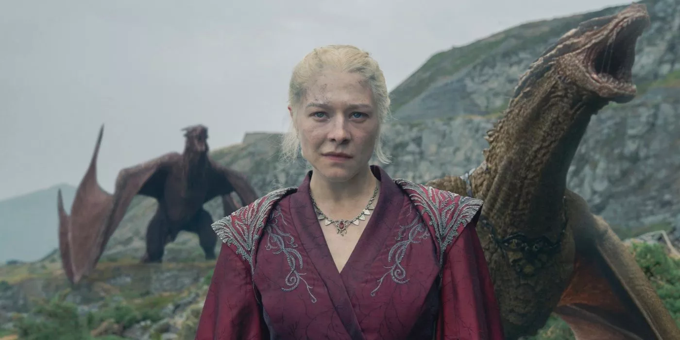 Rhaenyra Targaryen stands with Syrax and Vermithor on Dragonstone on House of the Dragon