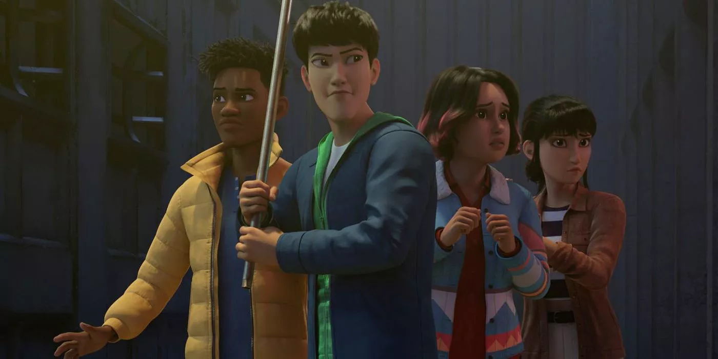 Kenji wields a stick to protect his friends in Jurassic World Chaos Theory