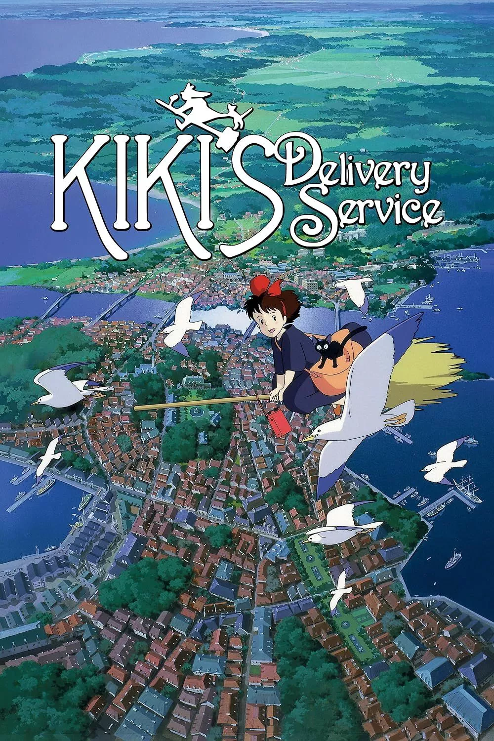 The poster for Kiki's Delivery Service depicts Kiki flying on a broom with her cat Gigi above a city.