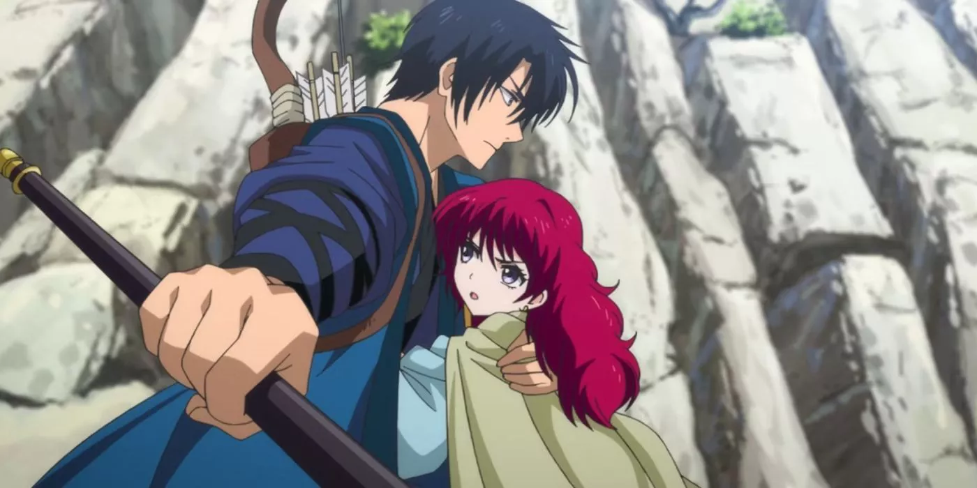 Hak holding Yona close and holding out his weapon in Yona of the Dawn.