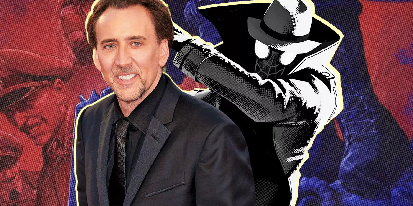 A composite image featuring Nicolas Cage and Spider-Man Noir (from Into the Spider-Verse).