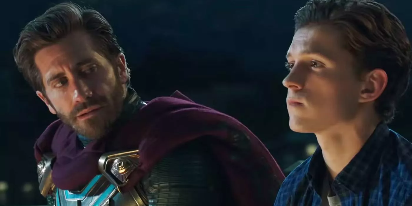 Mysterio sits beside a distraught Peter in Spider-Man Far From Home