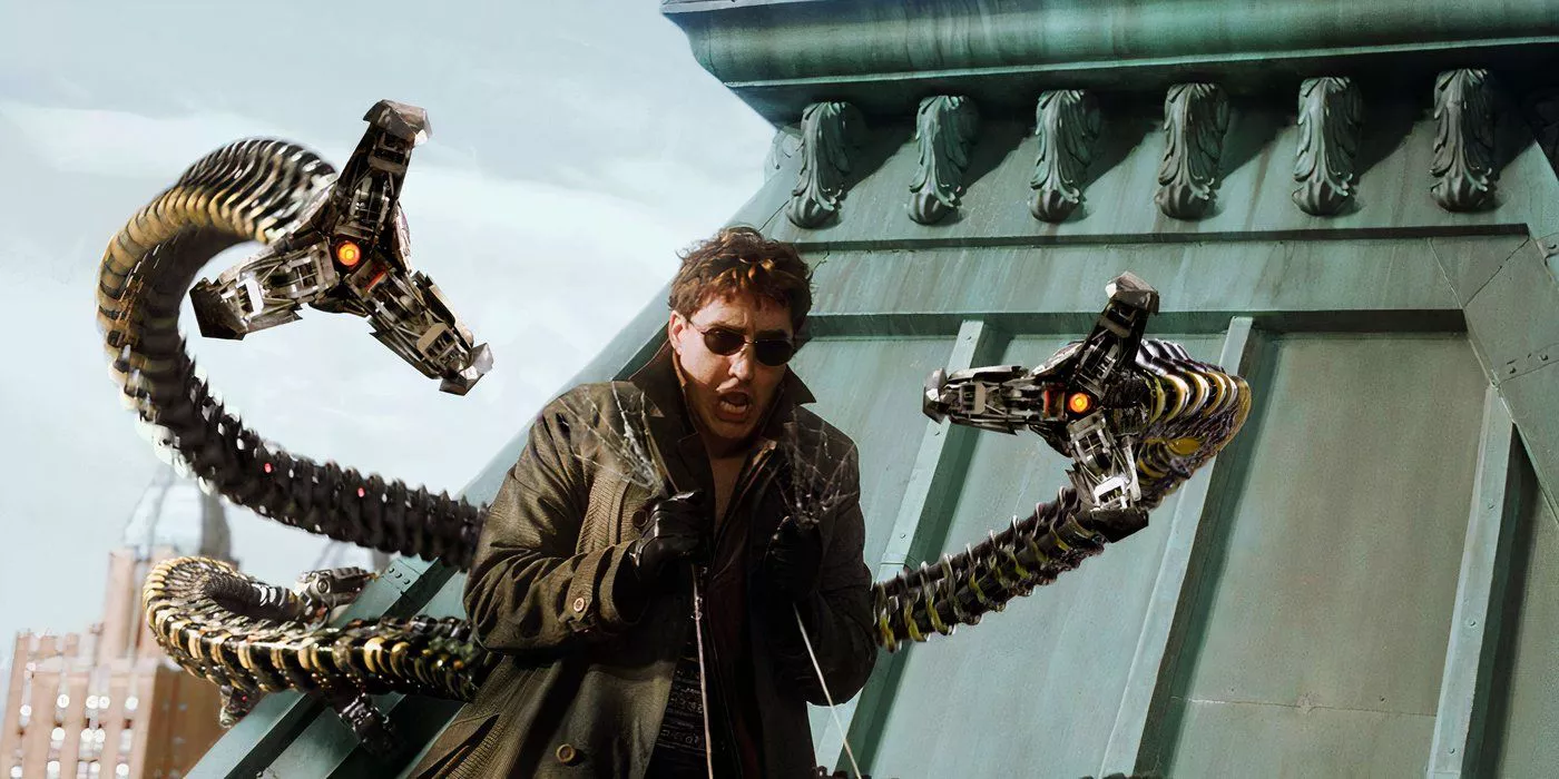 Alfred Molina as Doctor Octopus in the middle of a battle with Spider-Man on top of a building.