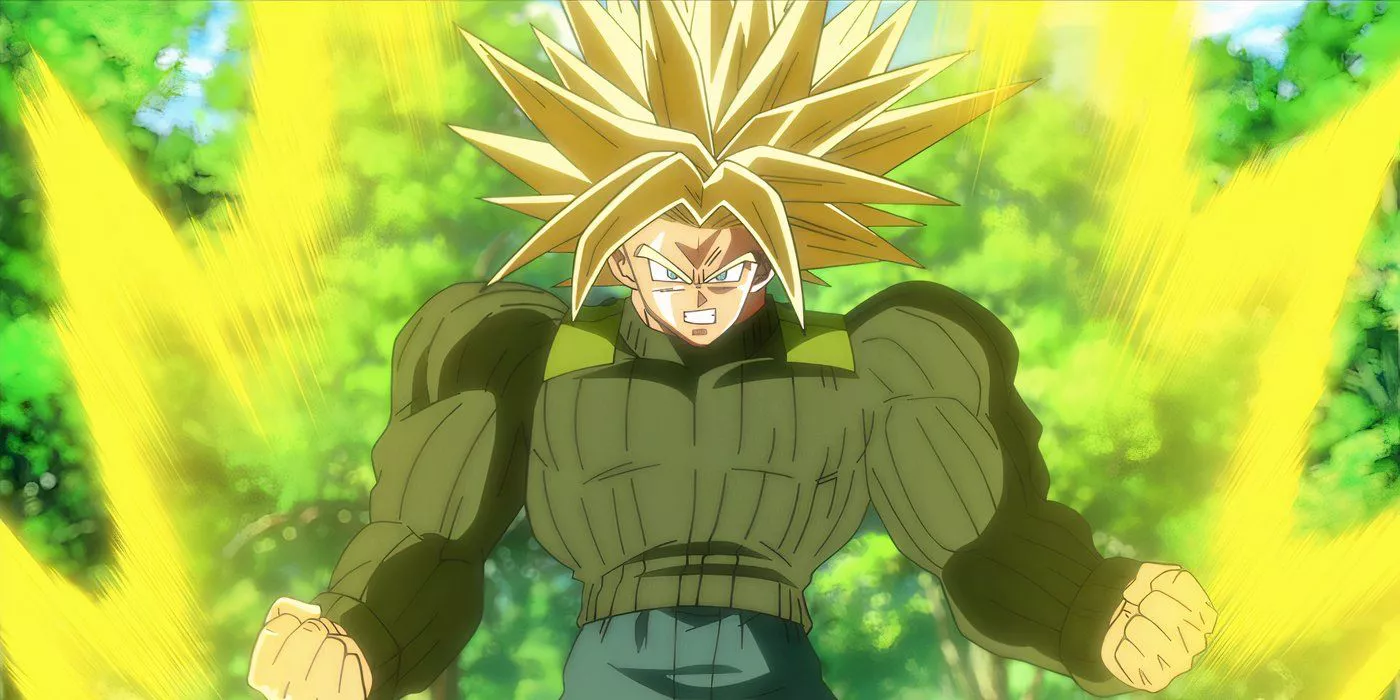 Super Saiyan Third Grade Future Trunks gets ready to fight in Dragon Ball Super.