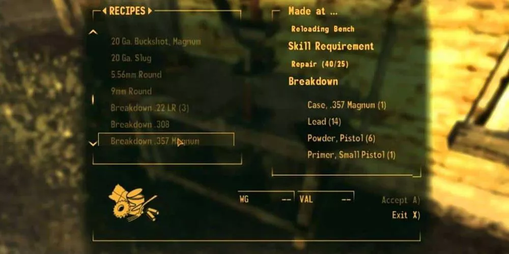 A repair menu with a golden background in Fallout: New Vegas