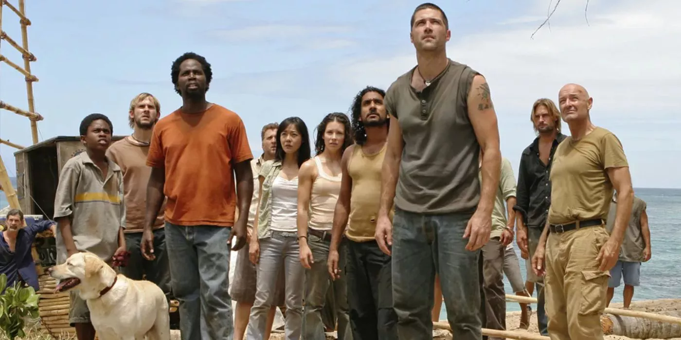 The cast of Lost stands on a boat and looks to the sky