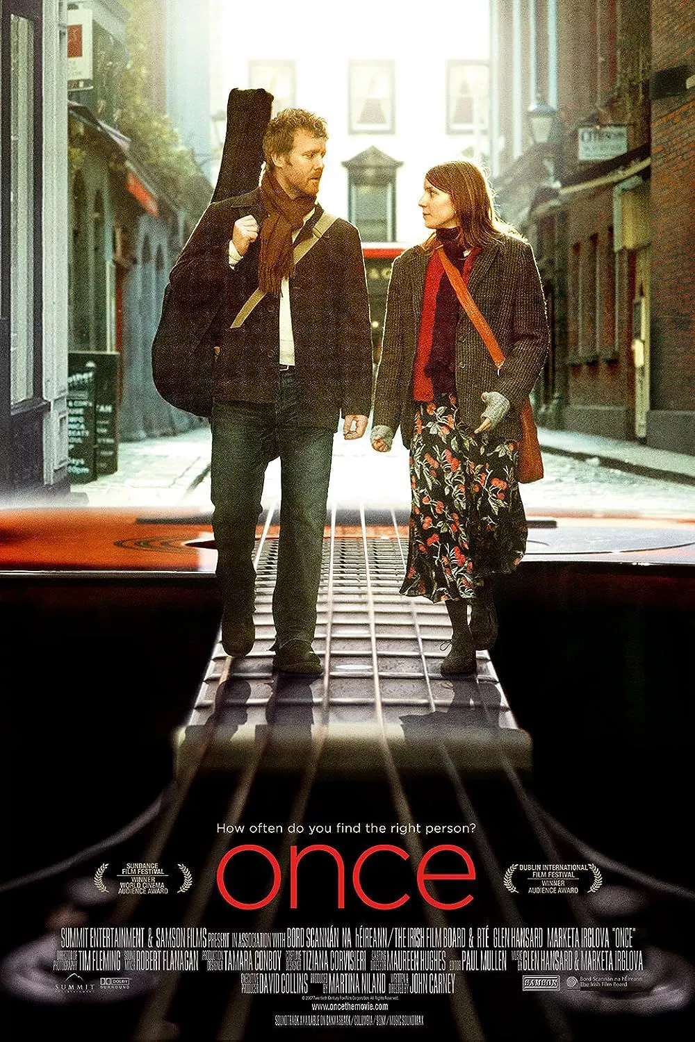 Guy and Girl walking on a guitar in Once poster.