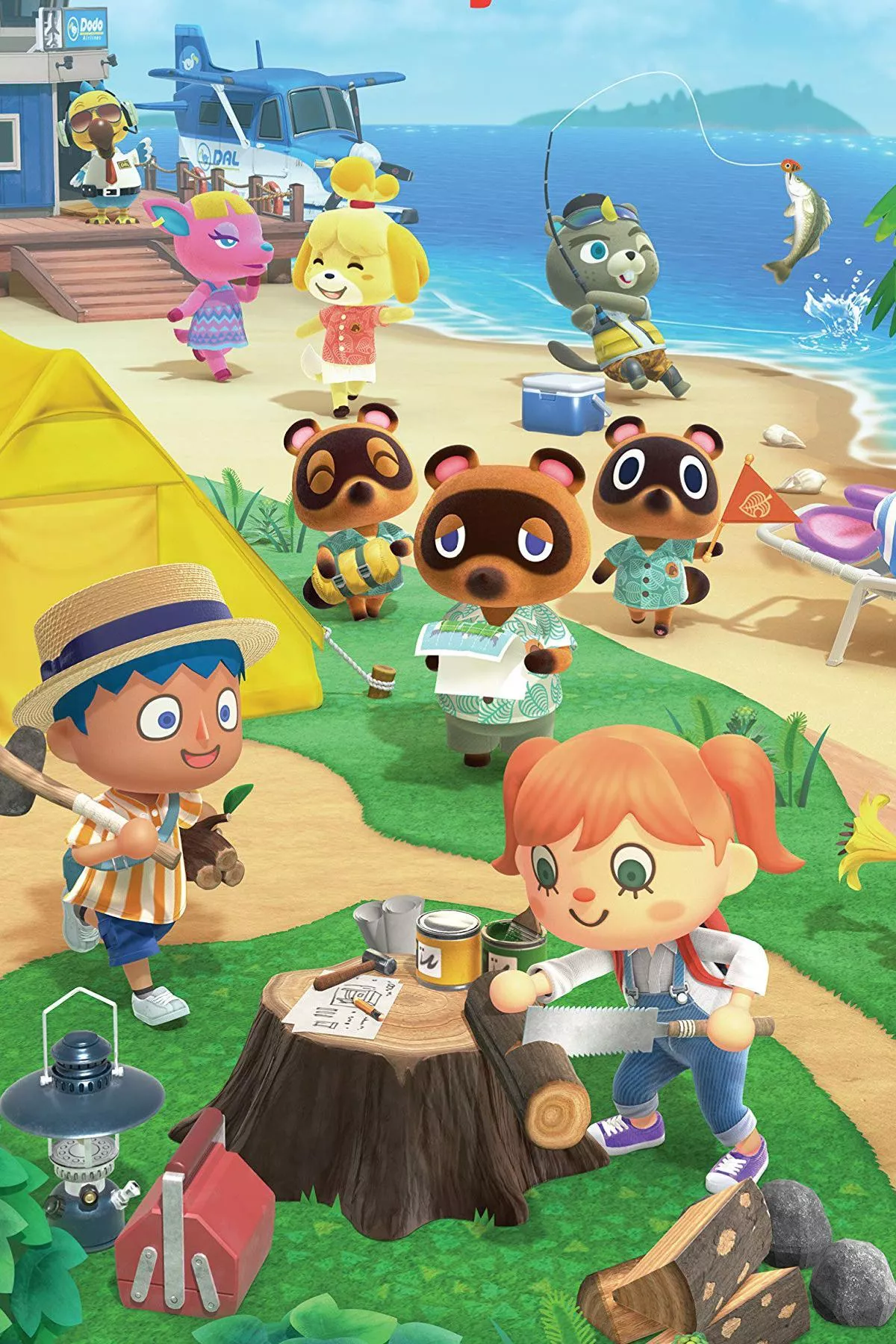 Promo picture for Animal Crossing: New Horizons with main characters, like Tom Nook, Timmy and Tommy, and Isabelle.