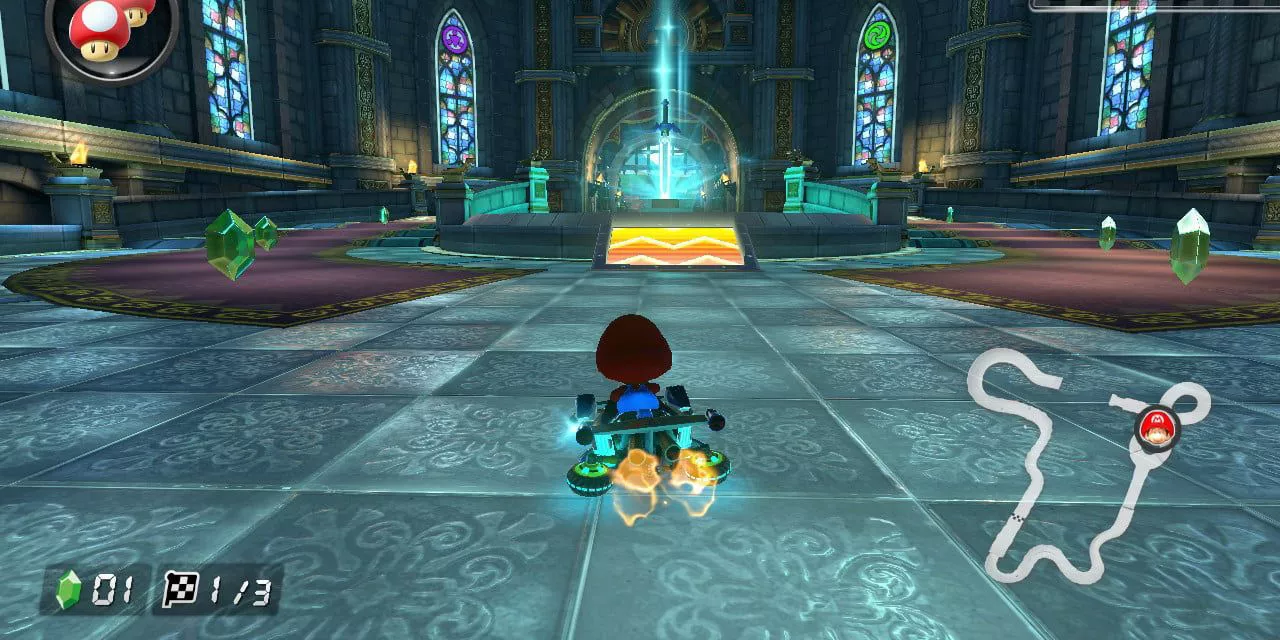 Baby Mario prepares to leap through the Master Sword in Hyrule Circuit in Mario Kart 8