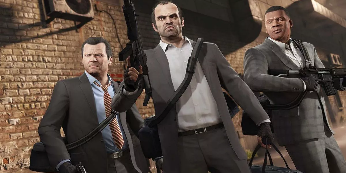 Grand Theft Auto 5 key art with the three main characters.