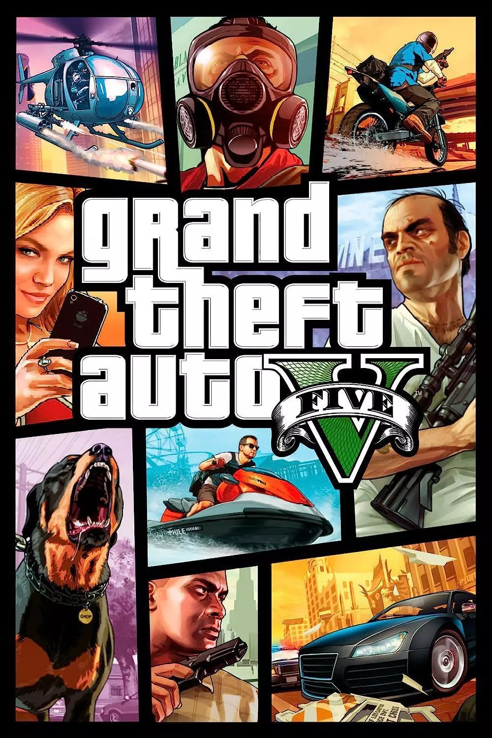 The Grand Theft Auto V cover depicts various characters from the game, some of which are holding guns.