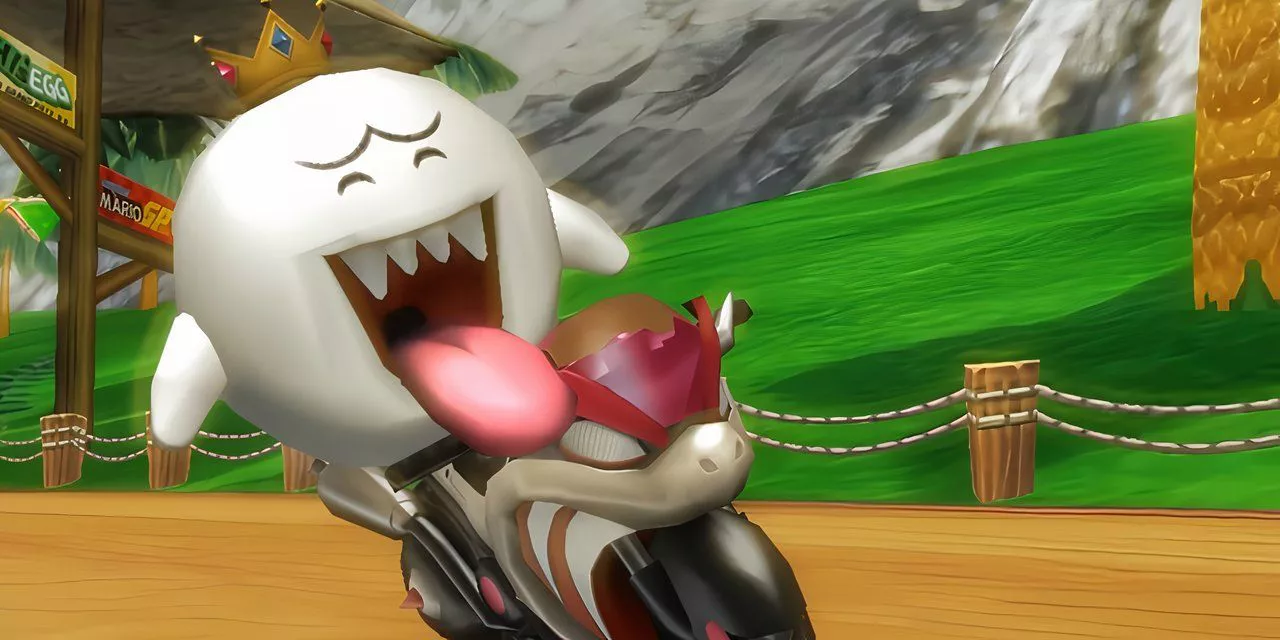 King Boo on a bike with his tongue out in Mario Kart Wii