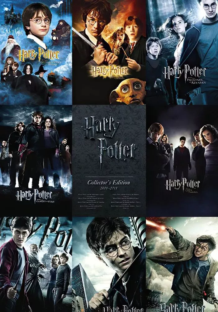 The Harry Potter 8 Movie Collector's Edition poster features the art from all eight movie film posters, all of which prominently feature Harry Potter.