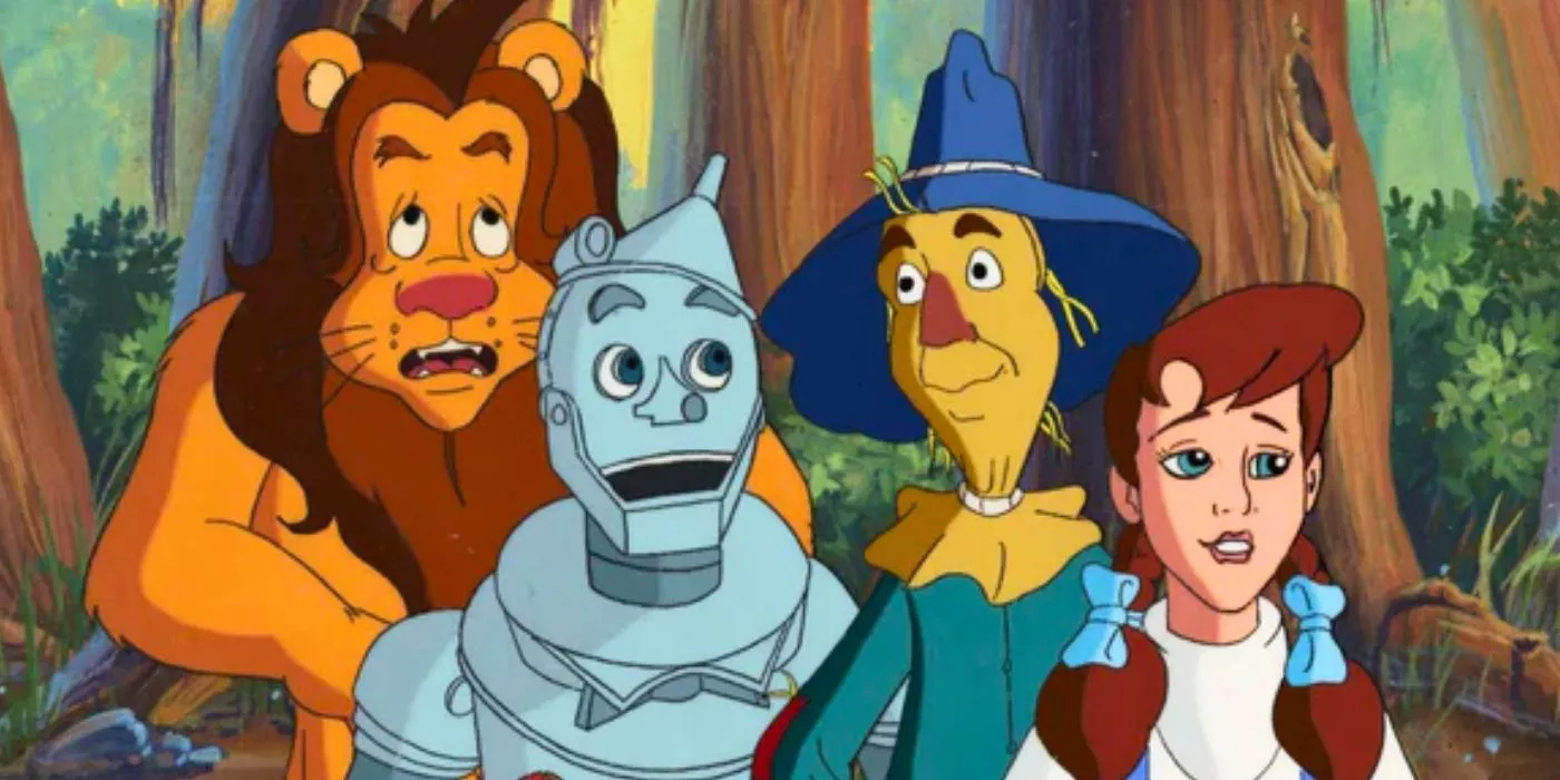 The Cowardly Lion, Tinman, Scarecrow, and Dorothy stop along the Yellow Brick road in 1990's Wizard of Oz animated series.