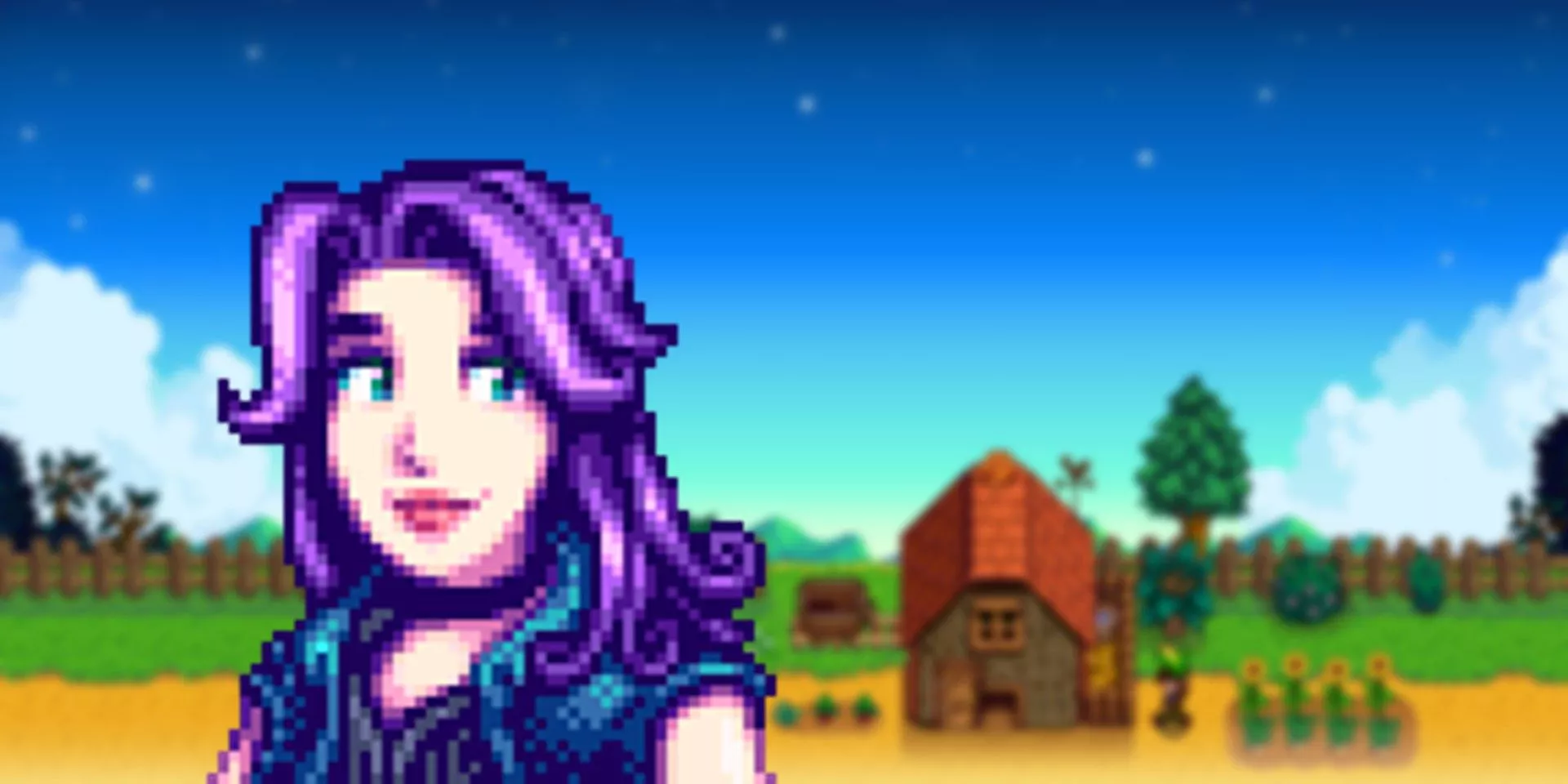 Abigail de Stardew Valley es retratada sobre un fondo de granja ligeramente desenfocado.