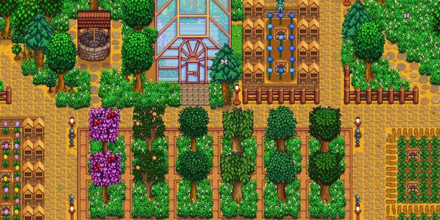 Dos filas de Árboles Frutales en una granja en Stardew Valley