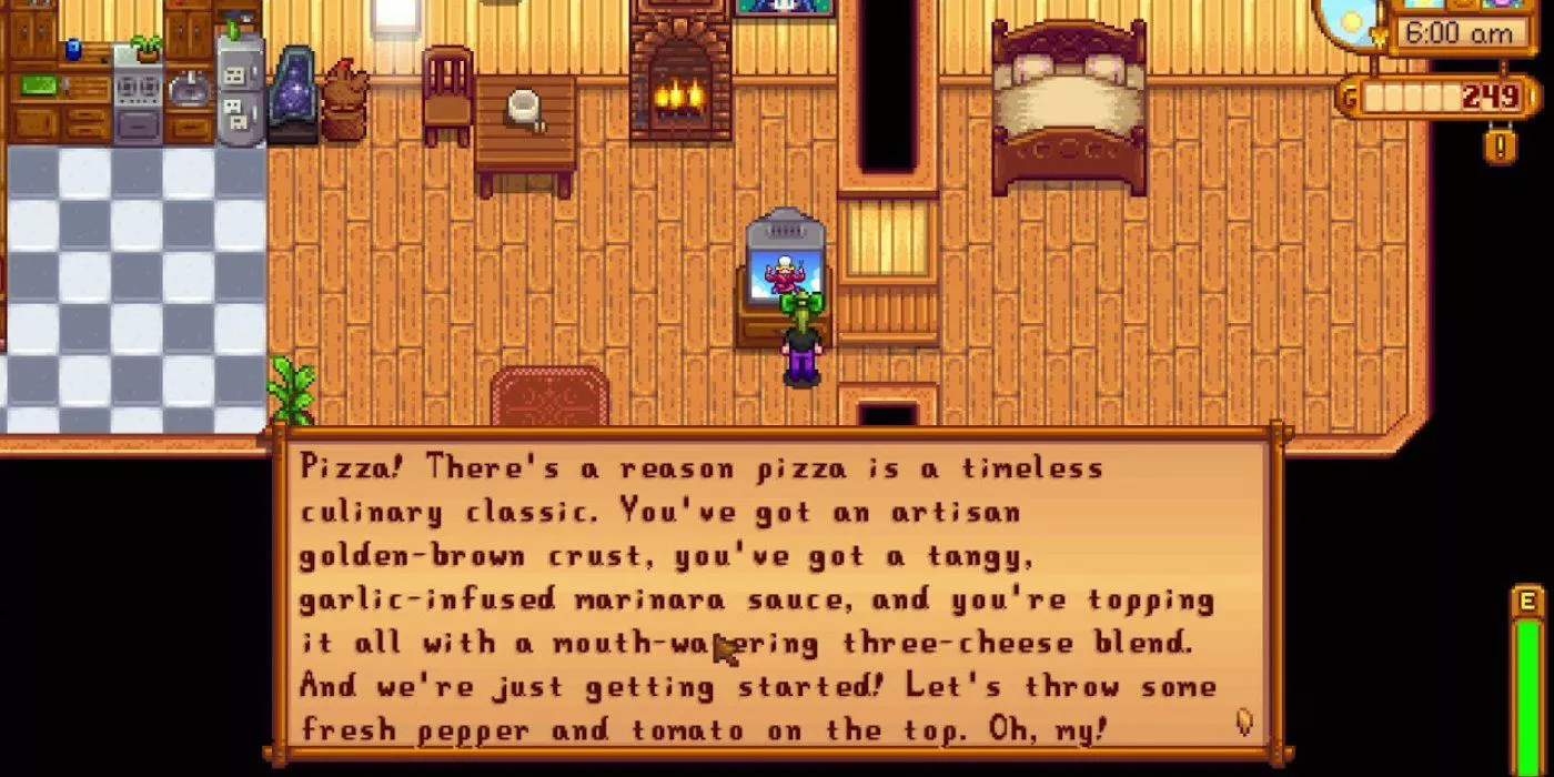 Jugador aprendiendo la receta de Pizza en Stardew Valley