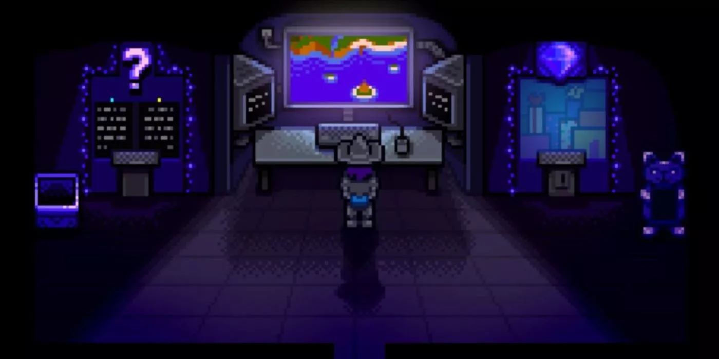 Mr. Qi se encuentra frente a una pantalla de computadora en Stardew Valley.