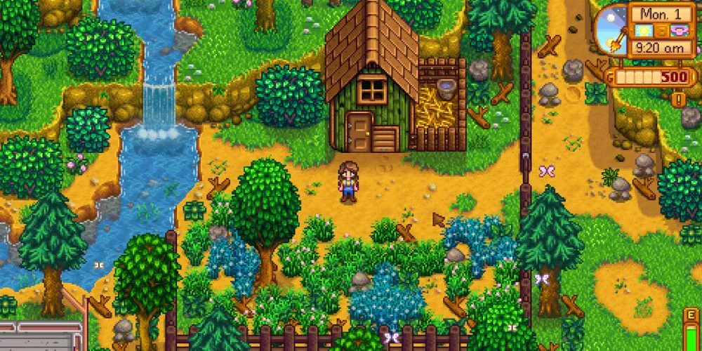 El agricultor está de pie en la nueva Granja Meadowlands en Stardew Valley 1.6.