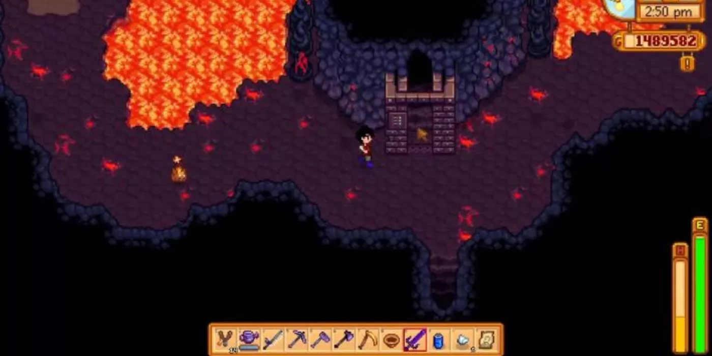 Un personaje jugador agricultor se encuentra en las minas de Ginger Island en Stardew Valley.