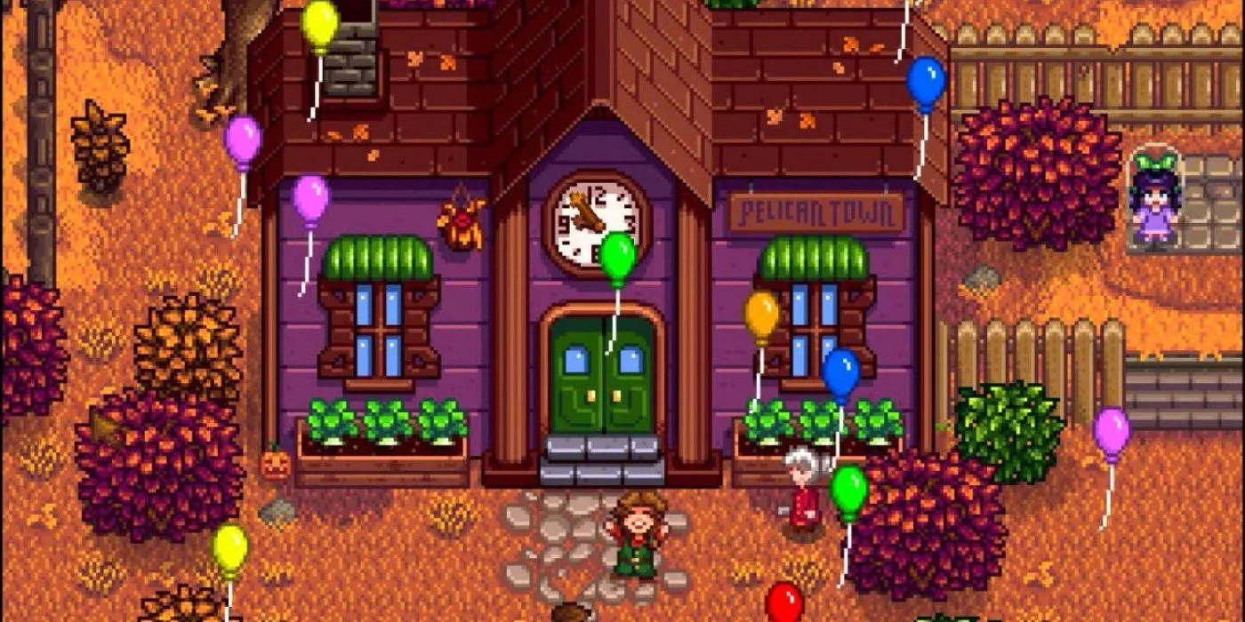 El personaje agricultor se encuentra frente a un Centro Comunitario completado rodeado de globos y celebra en Stardew Valley