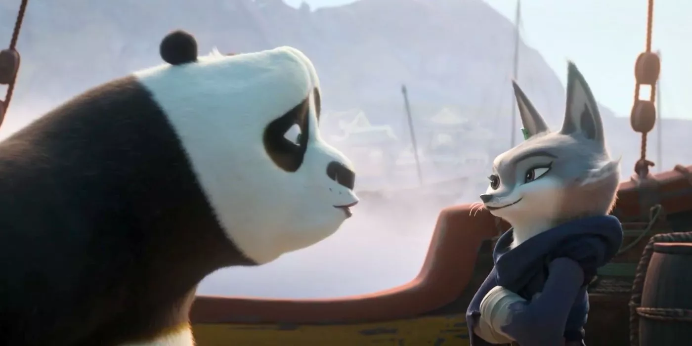 Po talking to Zhen as she smirks at him in Kung Fu Panda 4