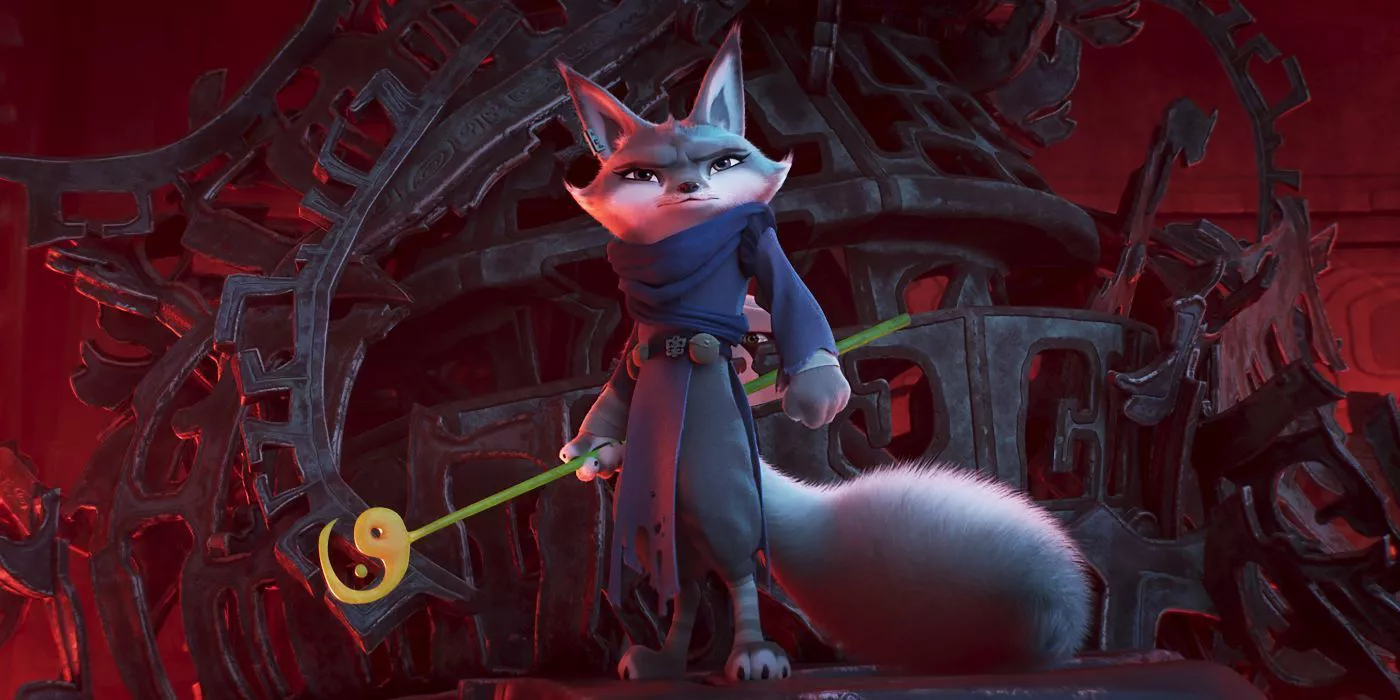 Zhen holds the Dragon Warrior Staff in Kung Fu Panda 4