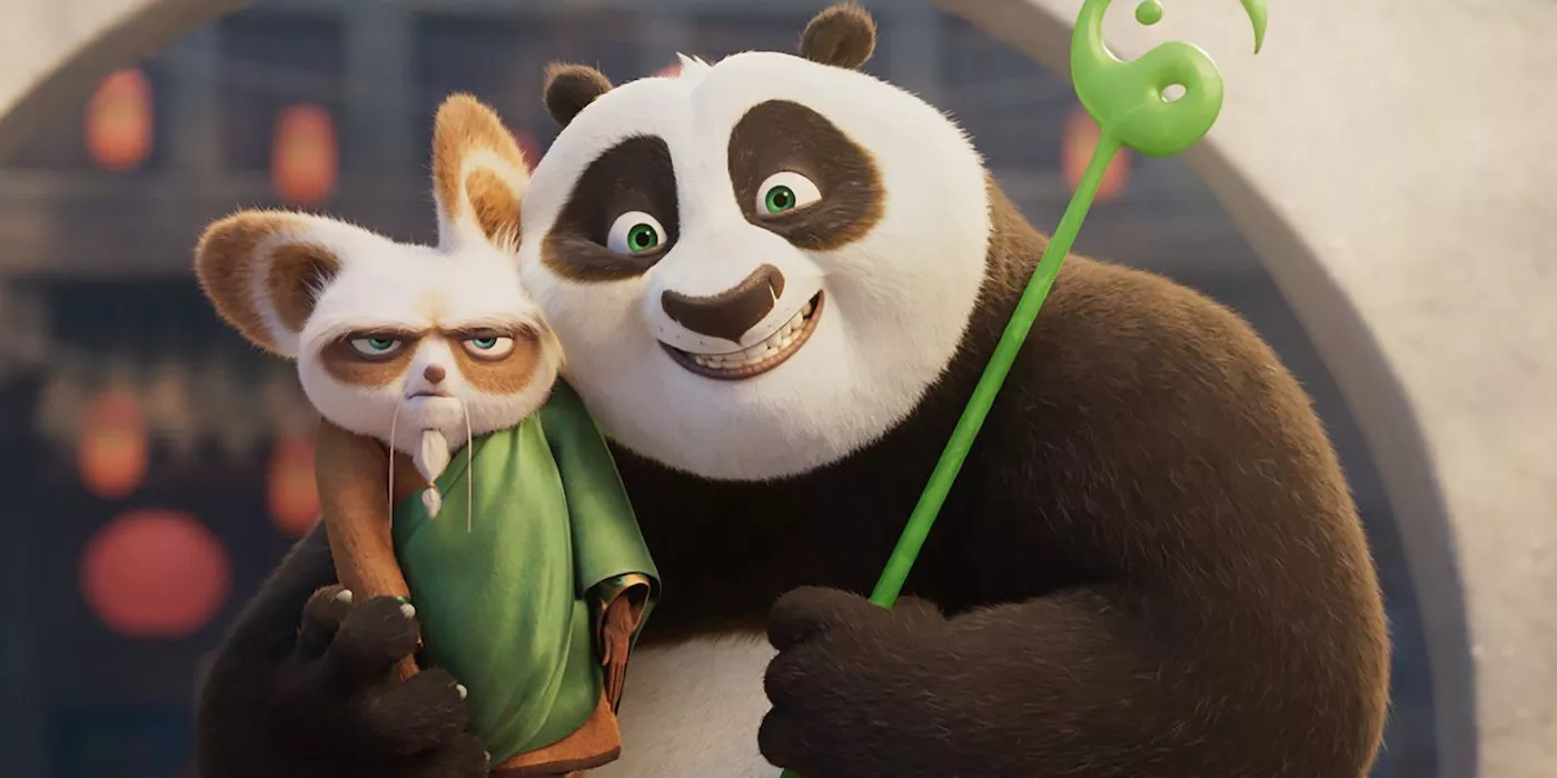 Po hugs Master Shifu in Kung Fu Panda 4.