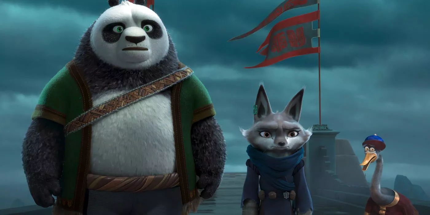 Po, Zhen and Ping stand in the rain in Kung Fu Panda 4.