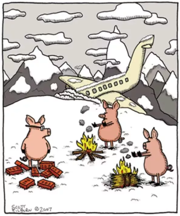 The three little pigs crashland in the mountains and have to make fires out of their building materials