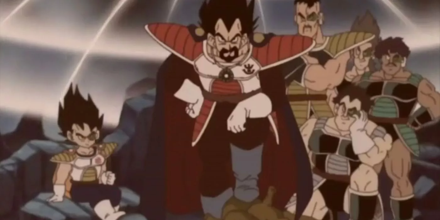 King Vegeta, with his son and other Saiyans, conquer a planet in Dragon Ball Z.