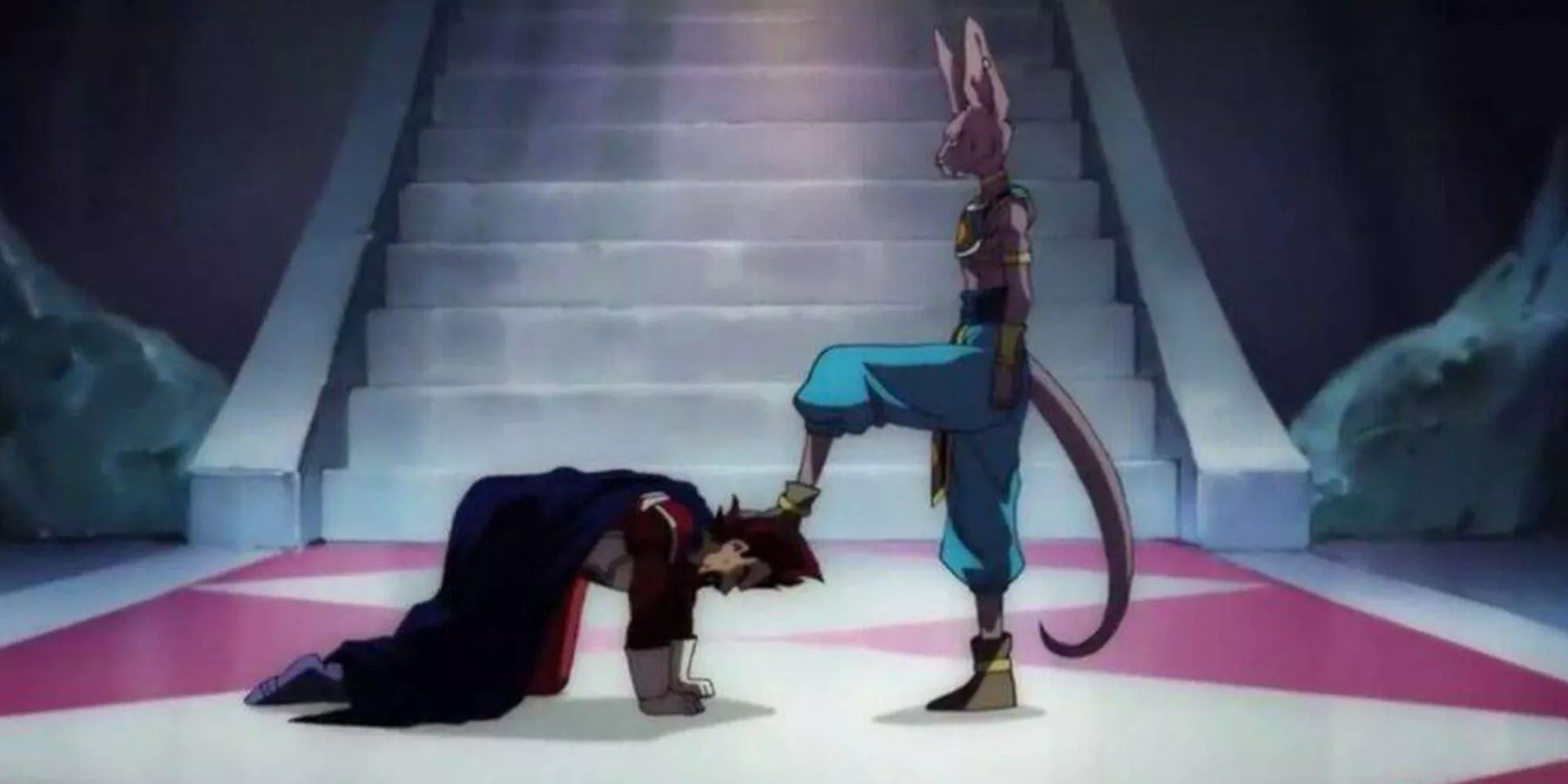 Beerus stands on King Vegeta's head in Dragon Ball Super.