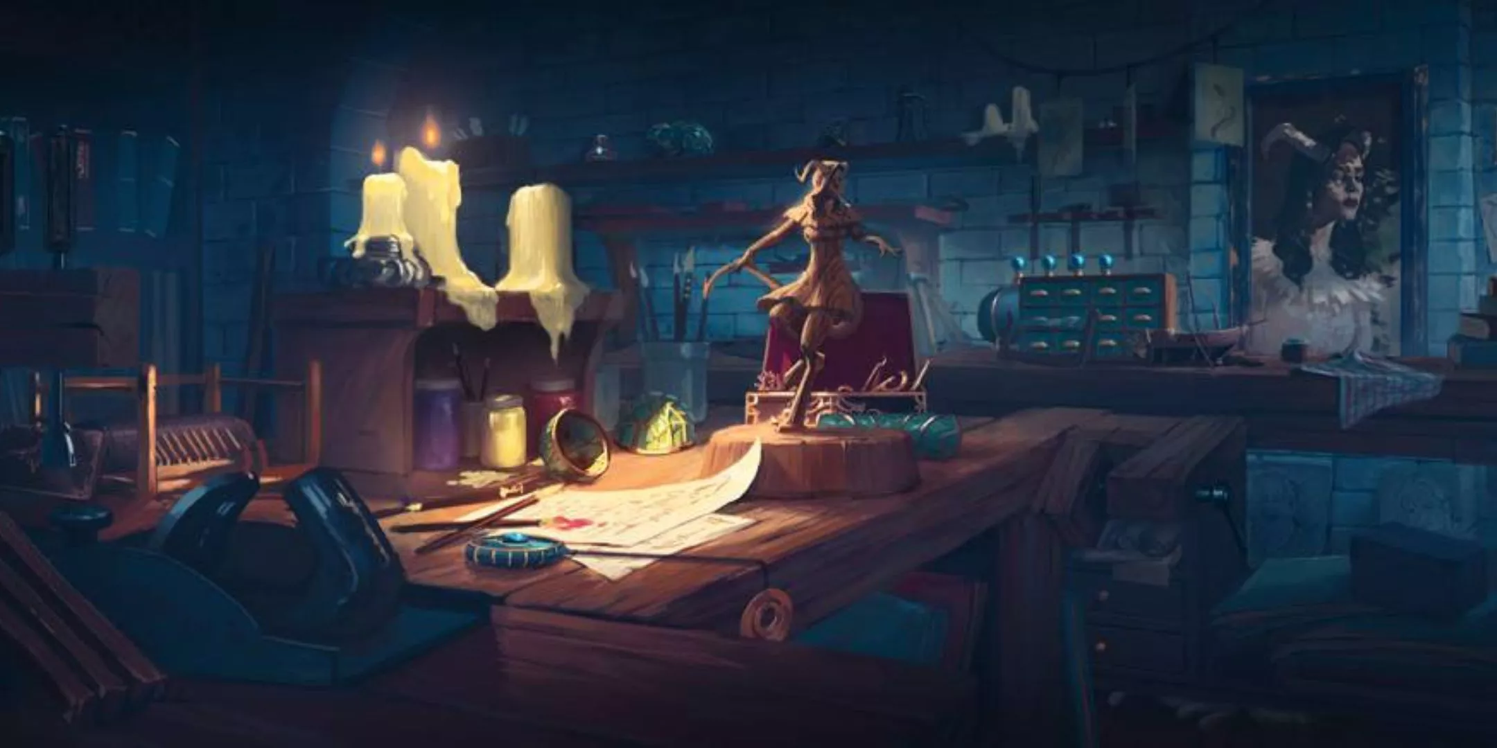 A workbench sits in a dark candlelit room with a Dungeons & Dragons tiefling figurine in DnD 5e