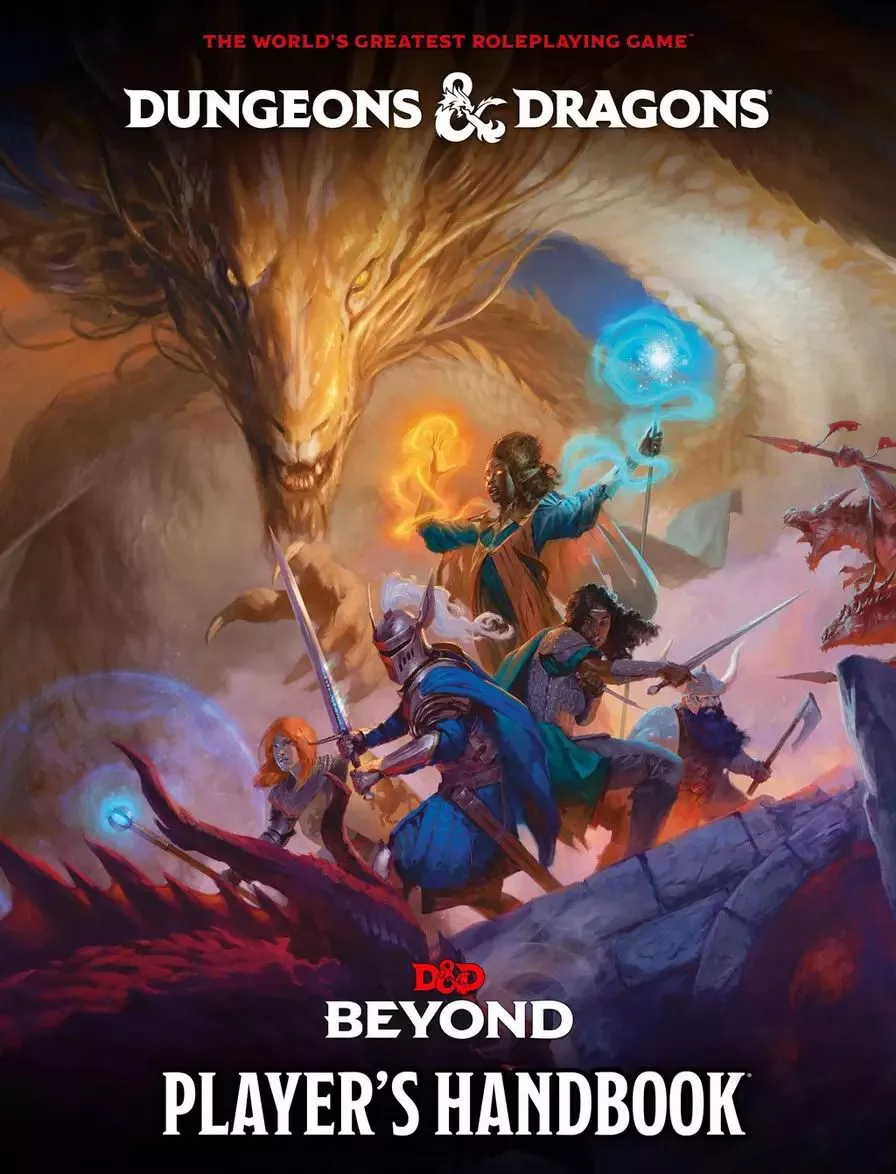 The cover for the D&D 2024 Player's Handbook depicts characters of various classes and races with weapons out and magic at the ready while dragons of different sizes surround them.