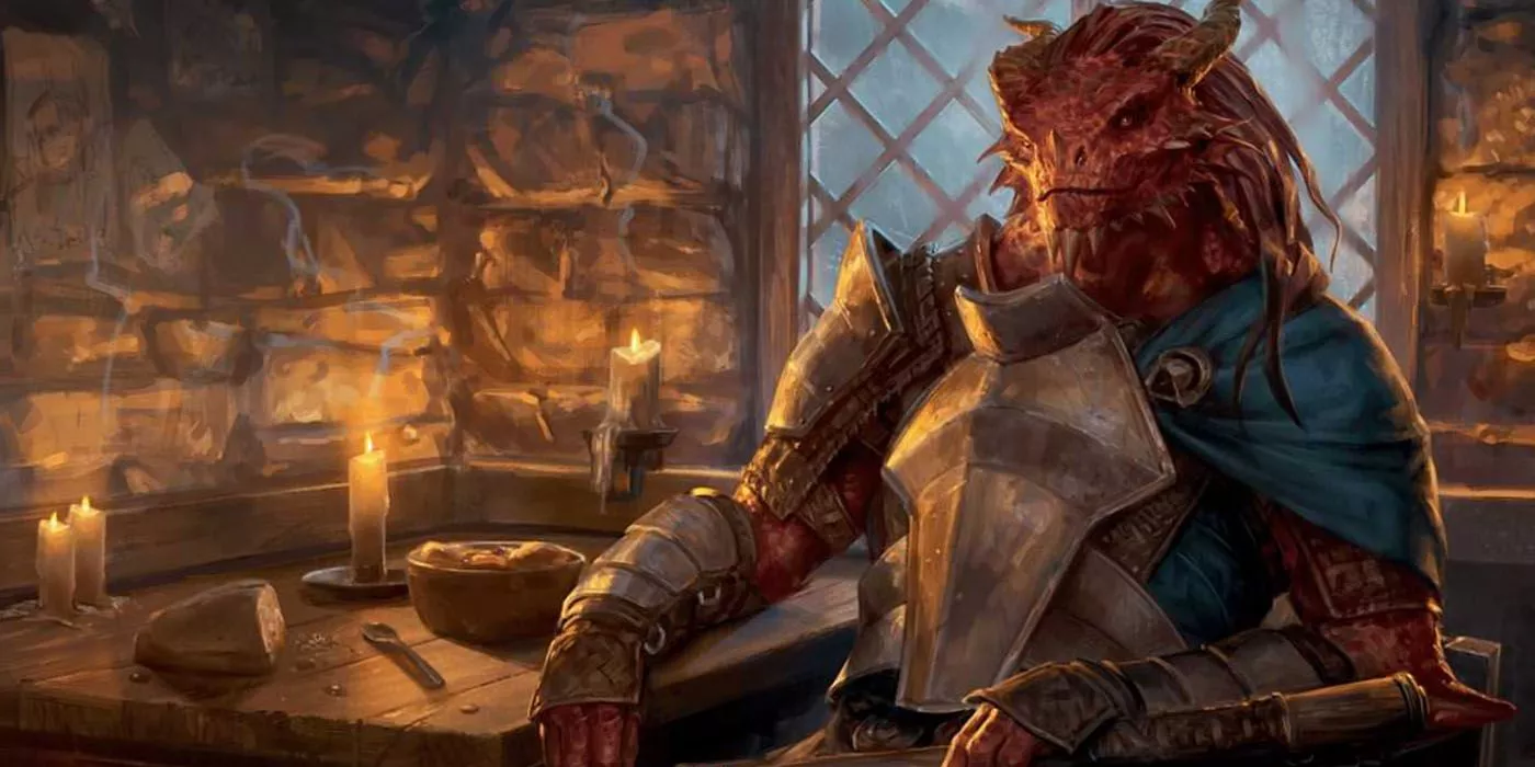 A Dragonborn Paladin in DnD sits at a tavern table with swagger