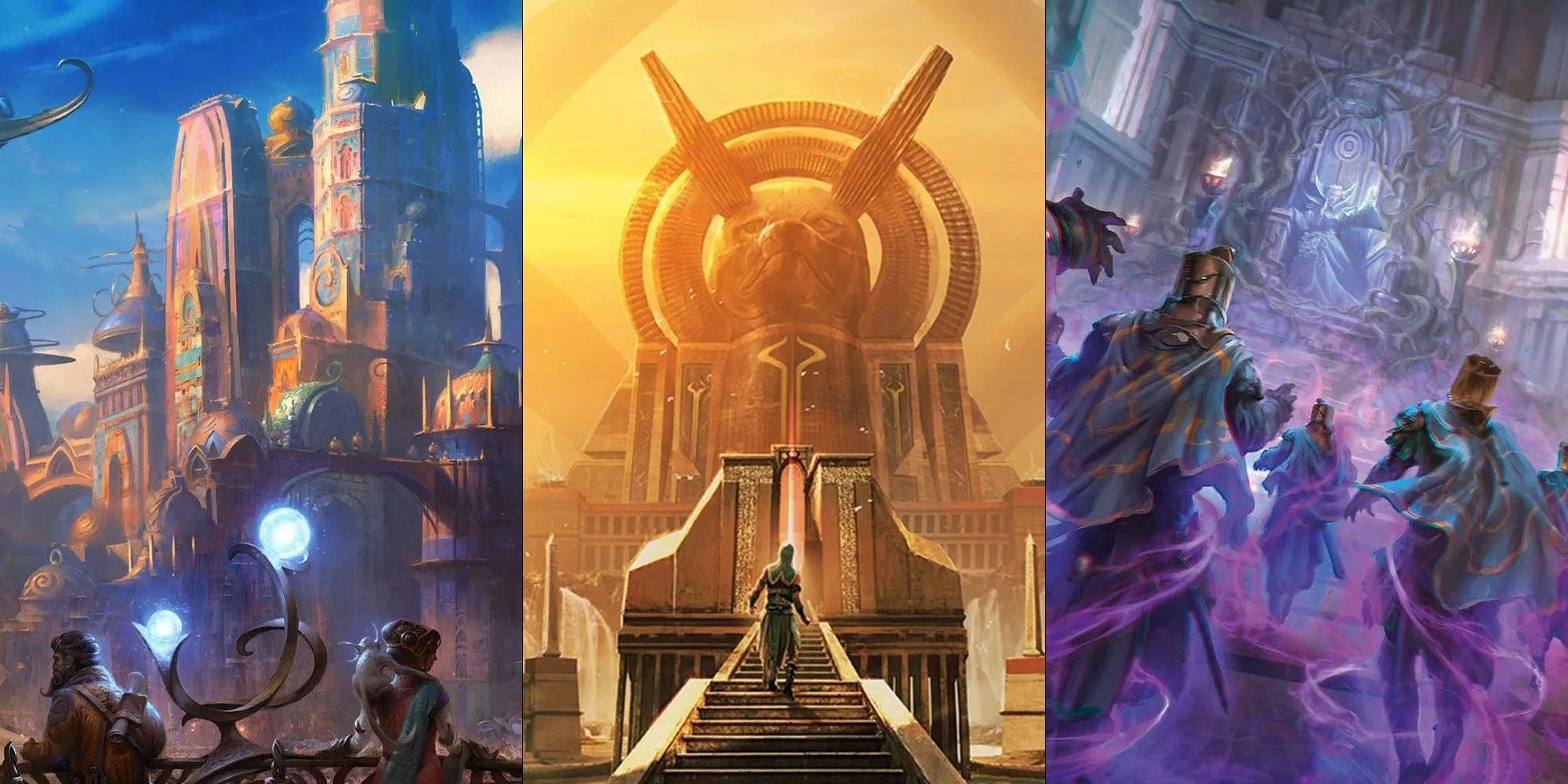 A split image featuring the Kaladesh, Amonkhet, and Eldraine settings from Magic: The Gathering