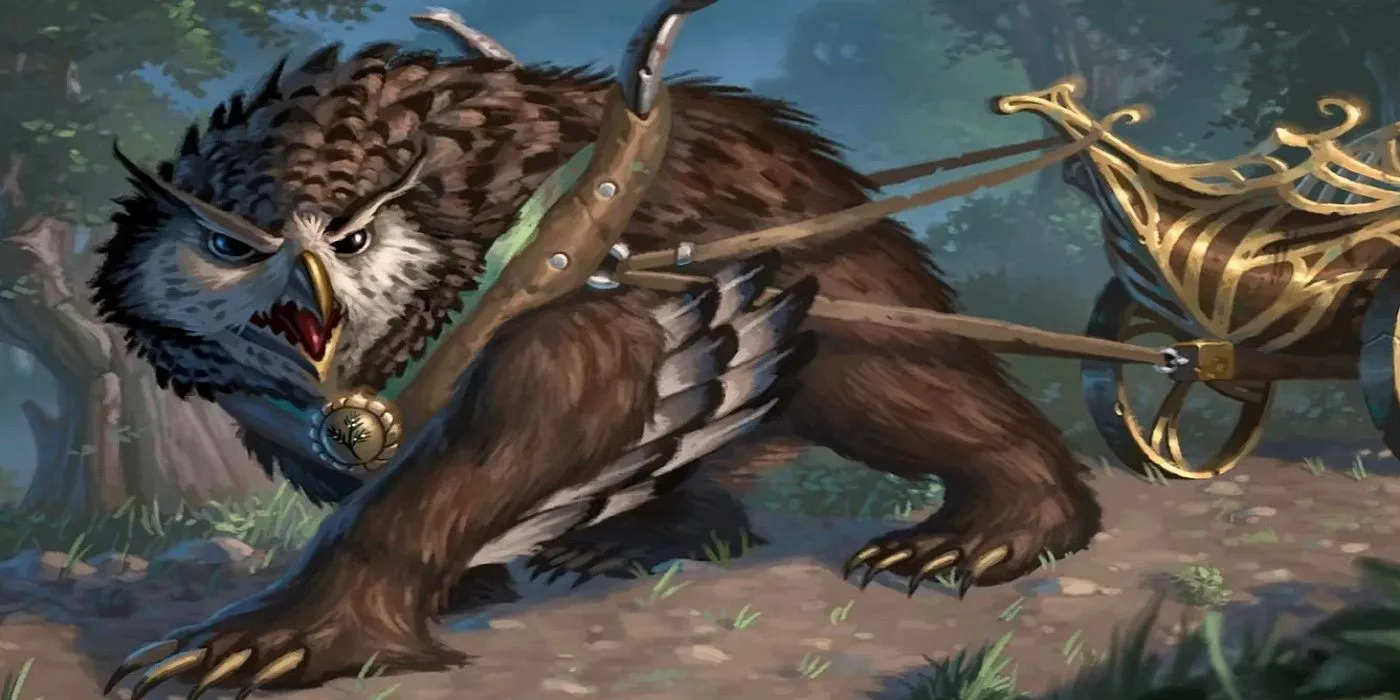 An Owlbear pulling a cart through the forest in D&D