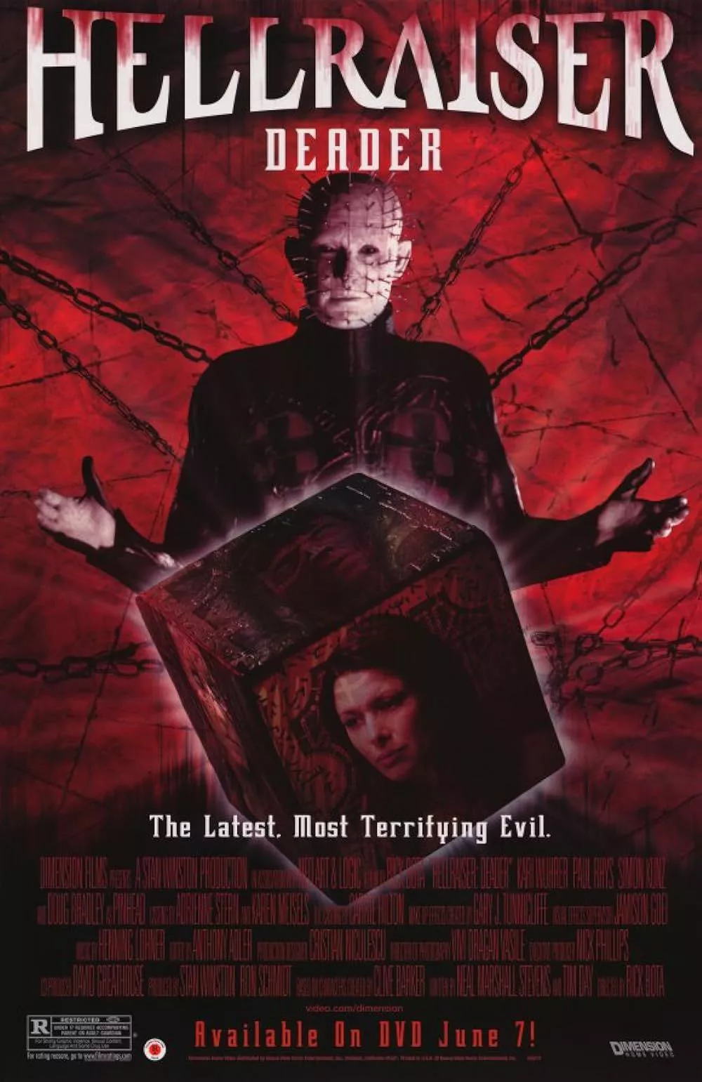 Poster of Hellraiser Deader with Pinhead showing a cube with a woman inside