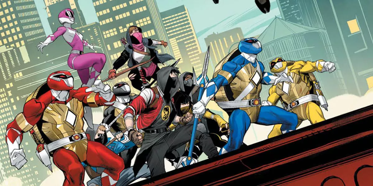 The Turtle Rangers and Ninja Rangers readying for a fight in Mighty Morphin Power Rangers x Teenage Mutant Ninja Turtles.