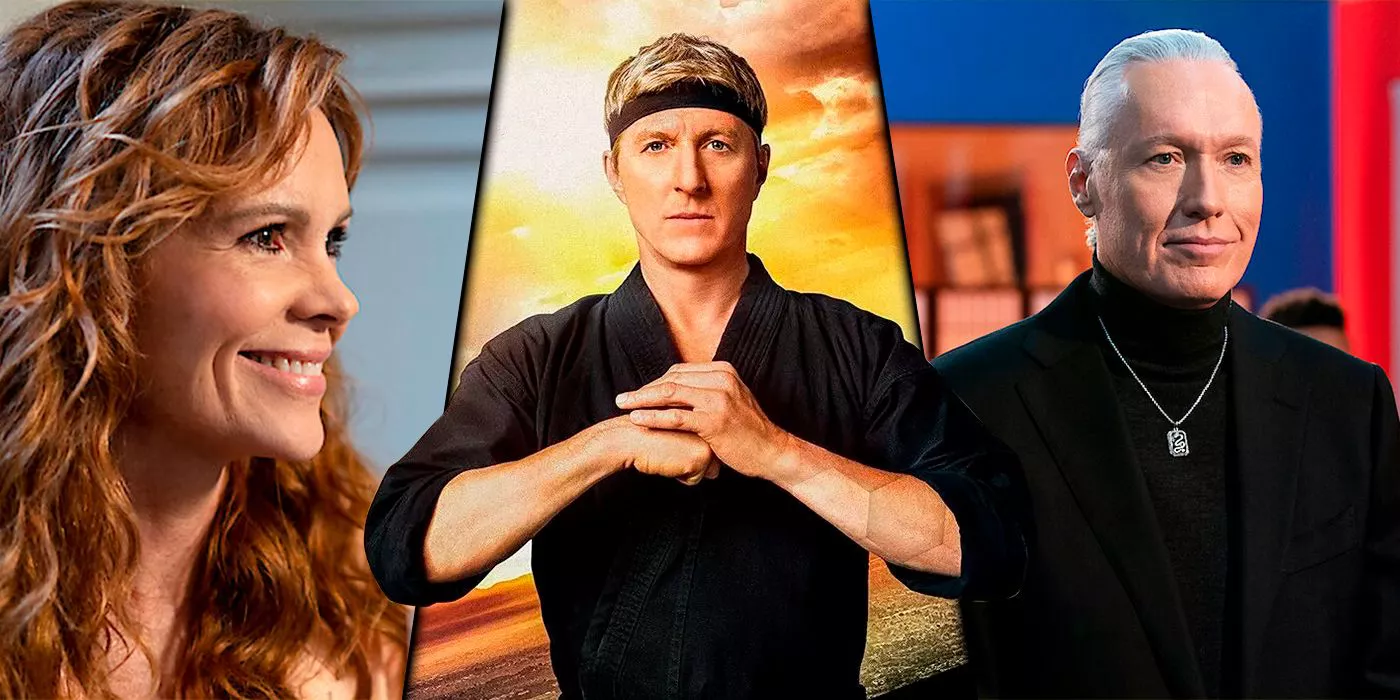 Split image of Jessica Andrews, Johnny Lawrence and Terry Silver from Cobra Kai.