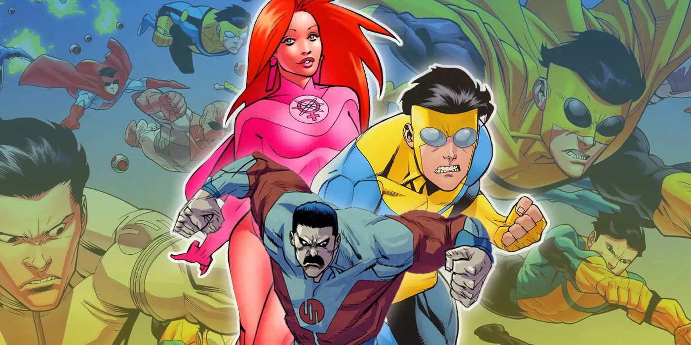 Colage de Invincible, Atom Eve y Thragg con multiversales Invincibles de fondo