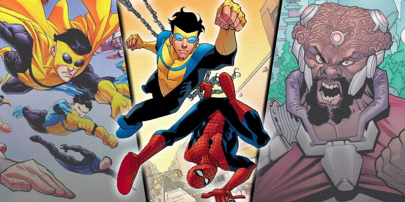 Imagen dividida de multiversales Mark Grayson, Invincible y Spider-Man, y Angstrom Levy de Image Comics