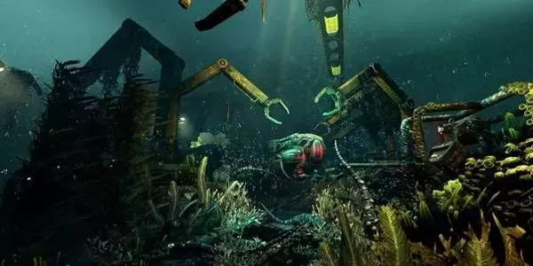 Gameplay from Soma featuring an underwater scene with derelict machinery.