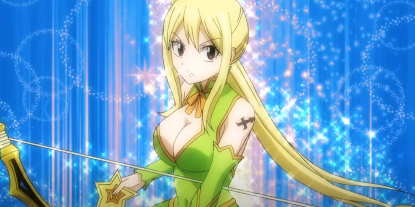 lucy en la forma de star dress de sagitario en fairy tail final.