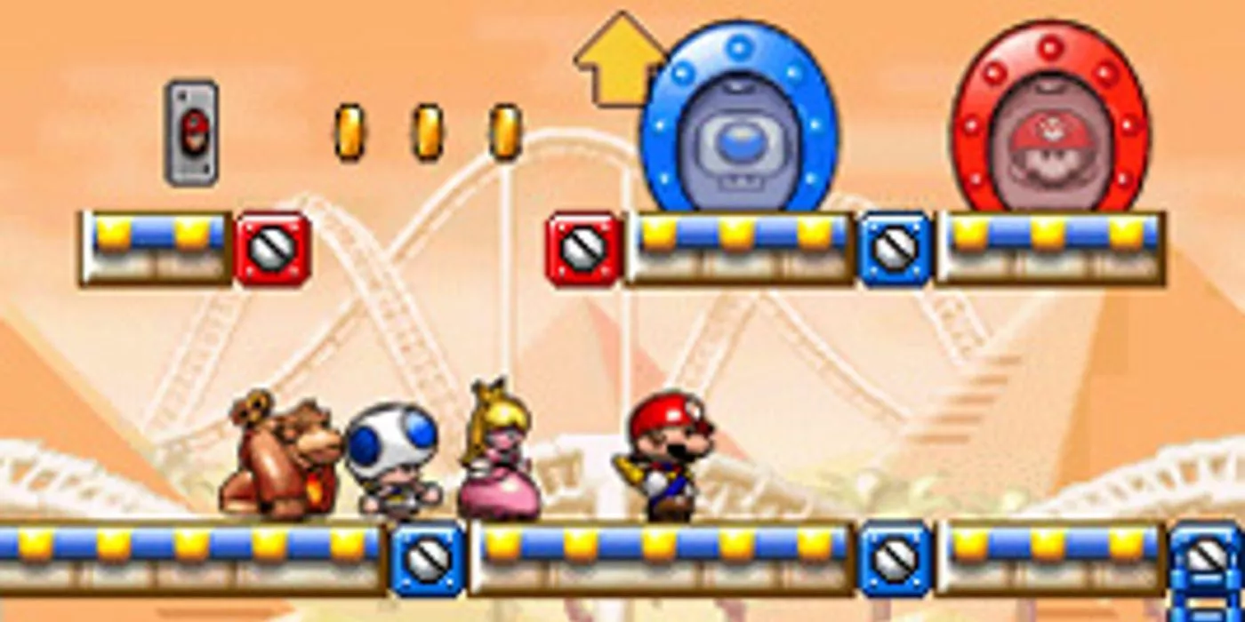 Un Mini Mario, Mini Peach, Mini Toad y Mini Donkey Kong marchan por un escenario.