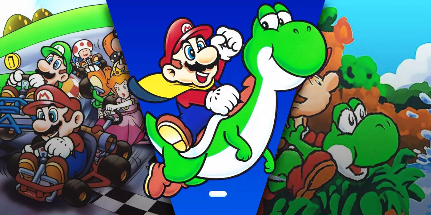 imagen dividida de Super Mario World, Mario Kart y Yoshi's Island