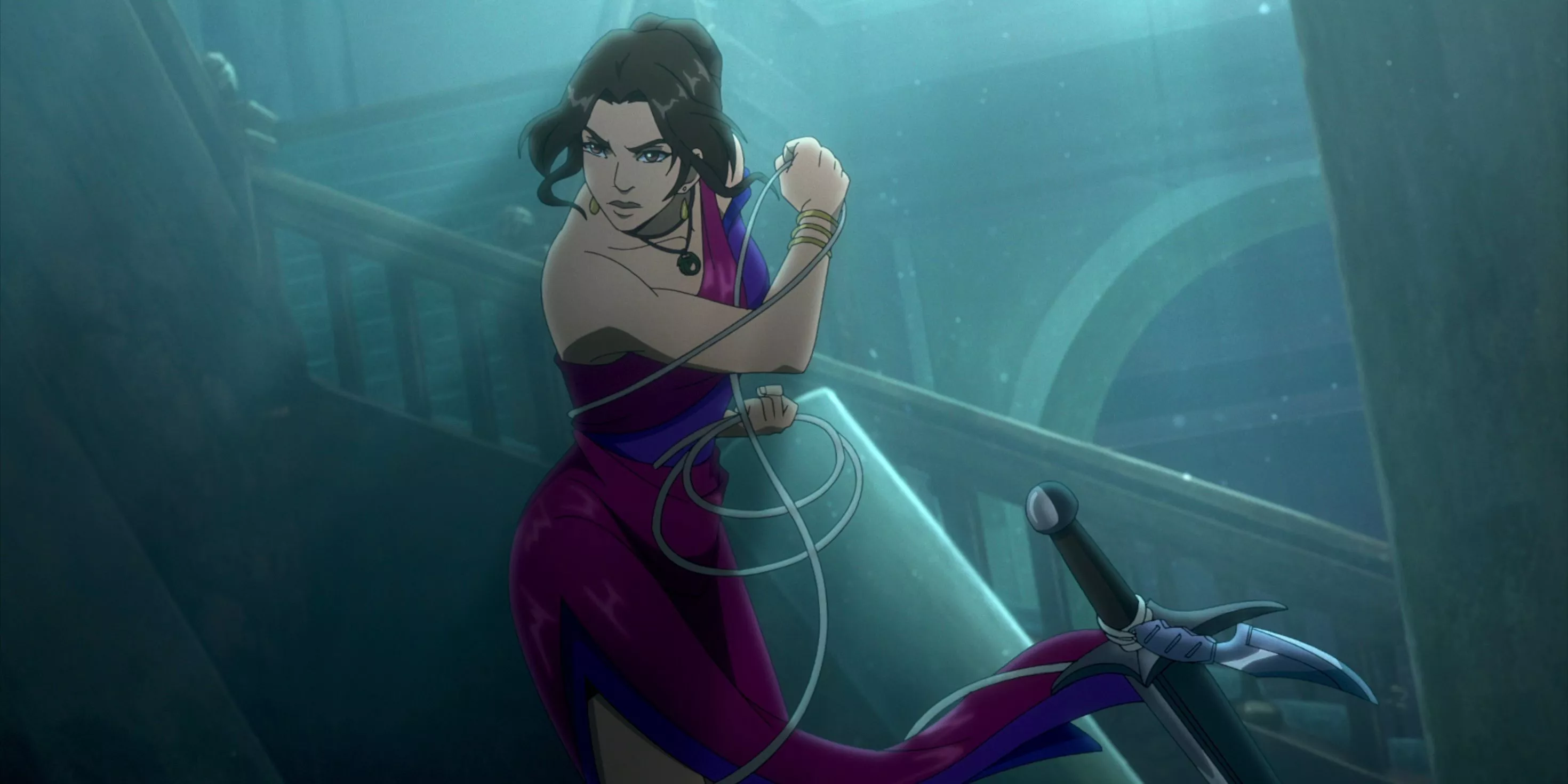 Lara Croft wearing a dress and holding a rope in Tomb Raider: The Legend of Lara Croft